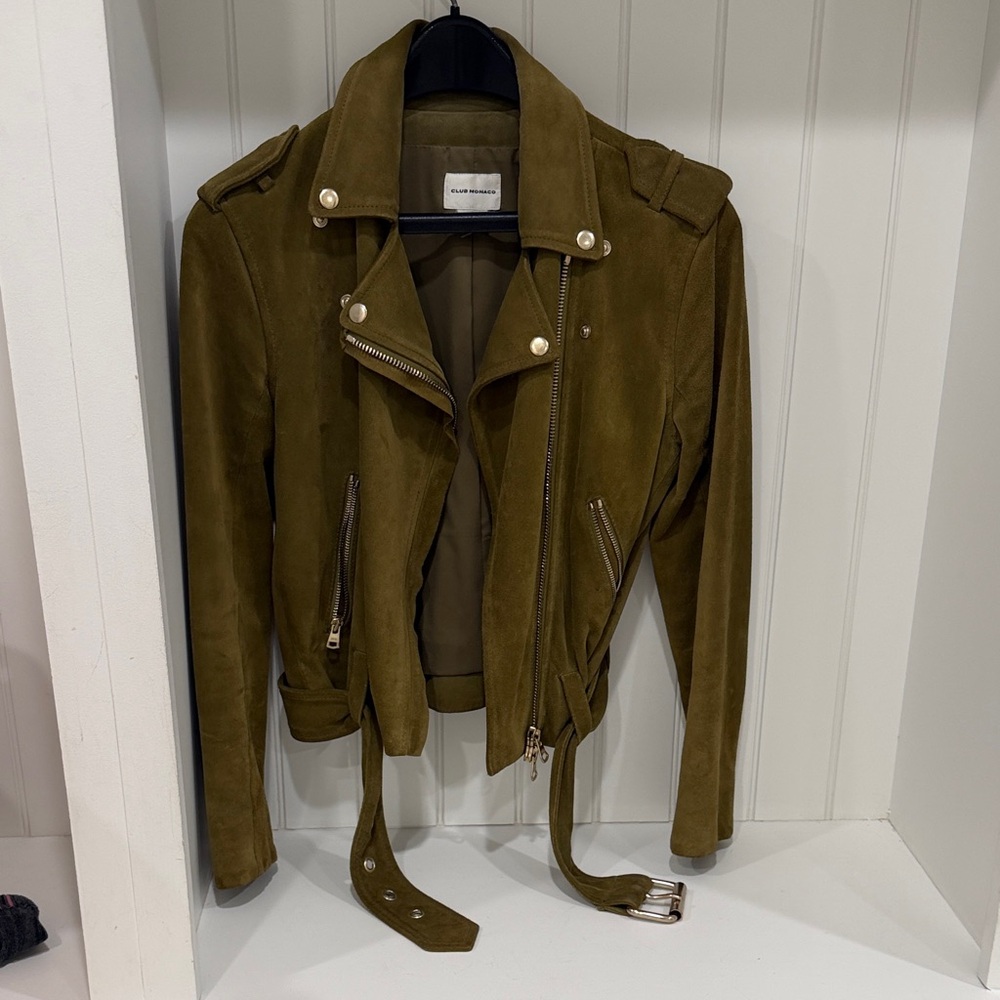 Suede Biker Jacket - Olive Green